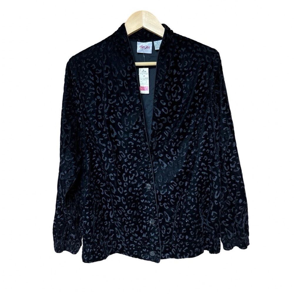 Vintage Deadstock Black Velvet Leopard Print Black Dark Academia Jacket Blazer